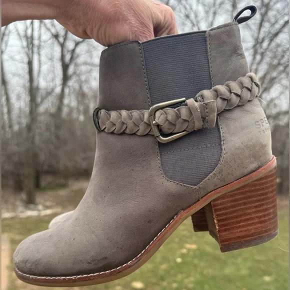 Sperry Leather Ankle Boots 8M Taupe Braided Strap Block Heel Chelsea Boho - Picture 7 of 16